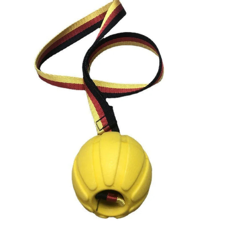 Camouflage and yellow EVA foam floating dog ball with knotted tetherball design.