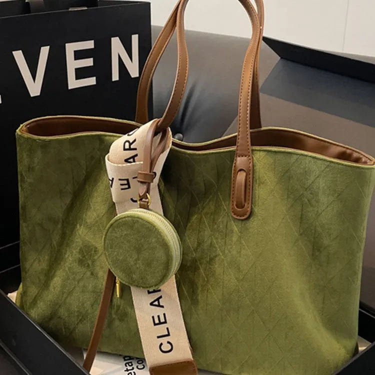 Large soft polyester casual tote shoulder bag in a horizontal square shape with sandwich pockets.