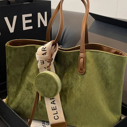 Large soft polyester casual tote shoulder bag in a horizontal square shape with sandwich pockets.