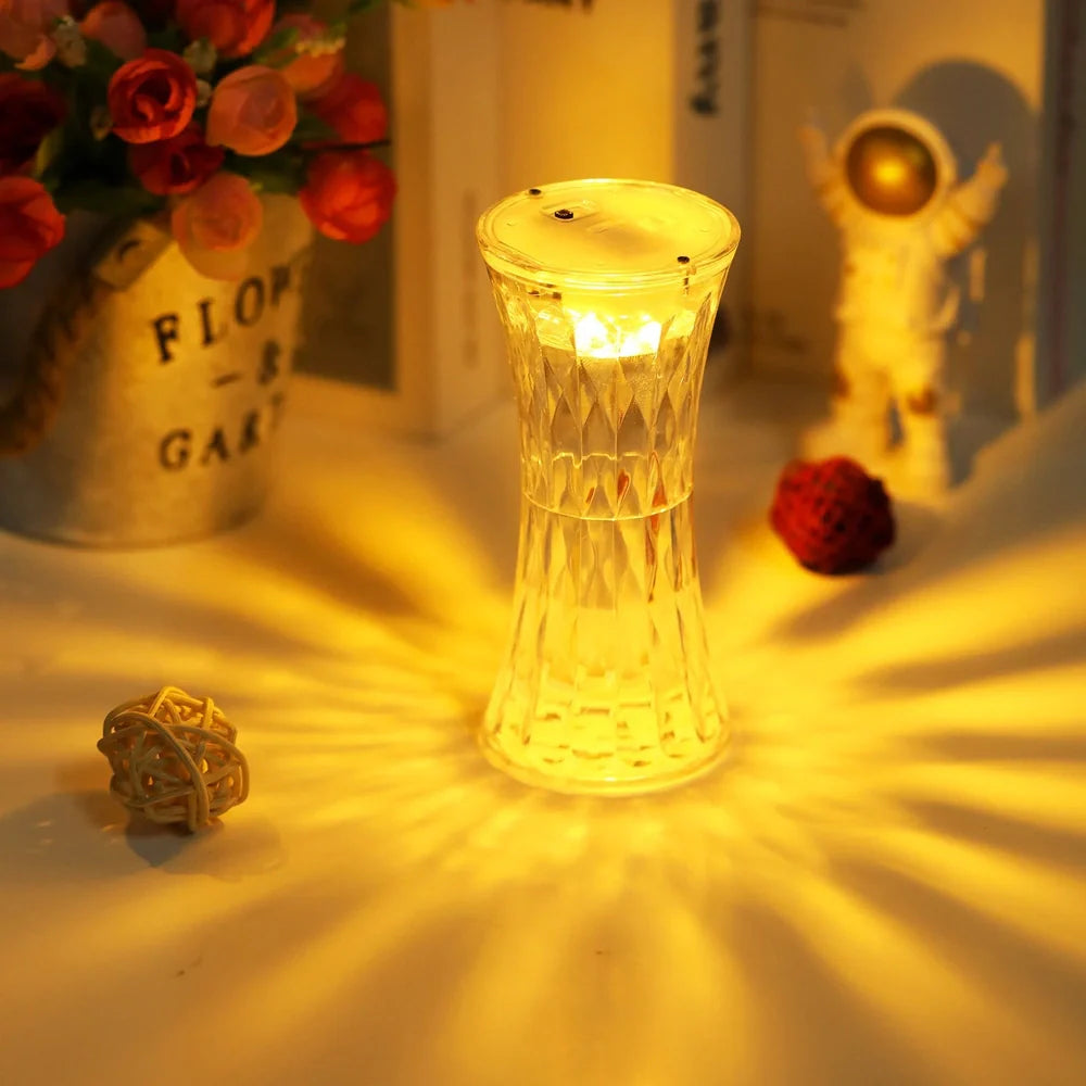 Clear acrylic table lamp with rose petal pattern, 12.2cm height, LED lighting