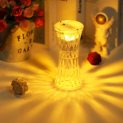 Clear acrylic table lamp with rose petal pattern, 12.2cm height, LED lighting