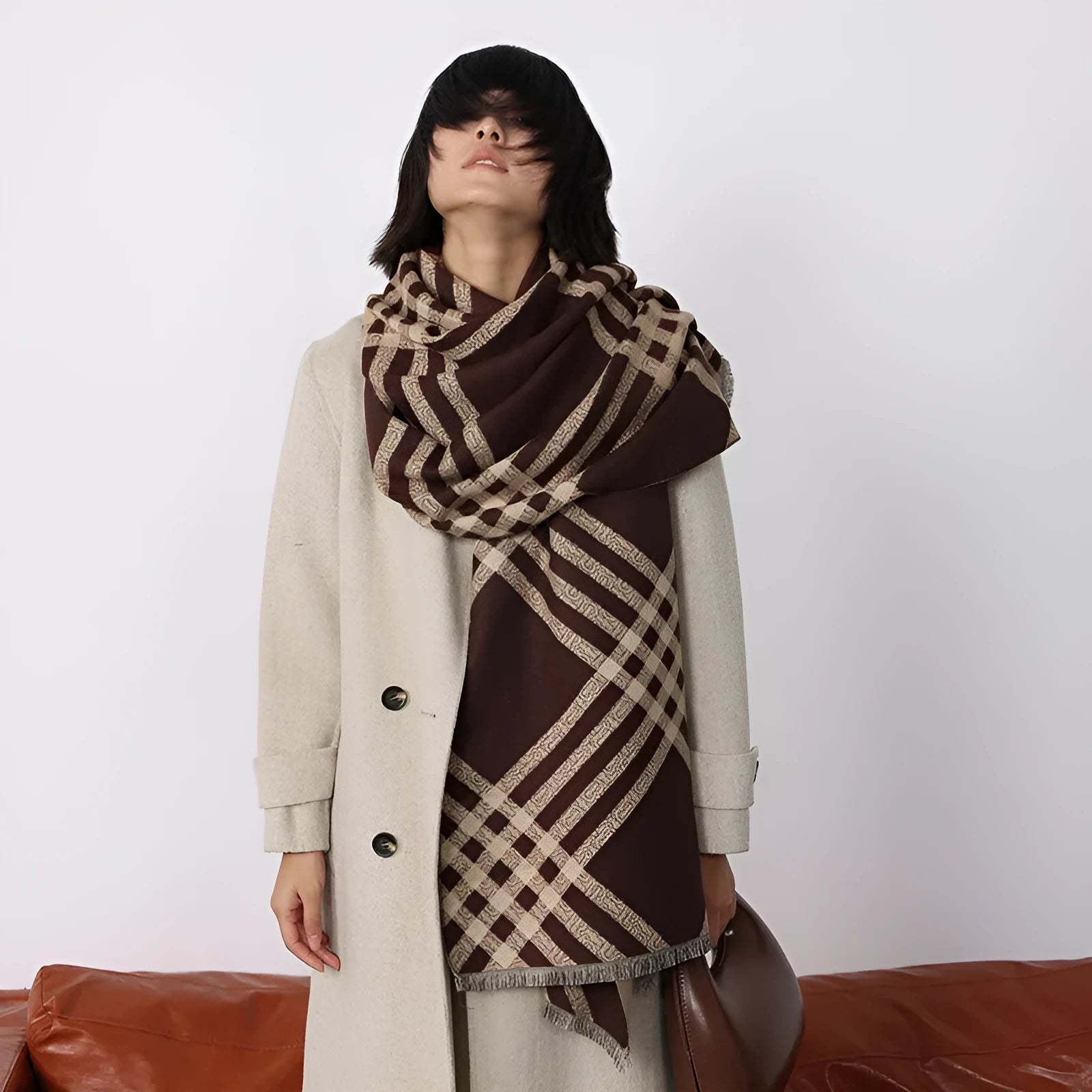 Cashmere-like winter scarf with tassels in brown, black, black camel or khaki colours