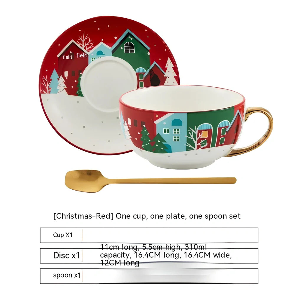 Christmas ceramic cup and saucer set with spoon featuring festive patterns and porcelain construction