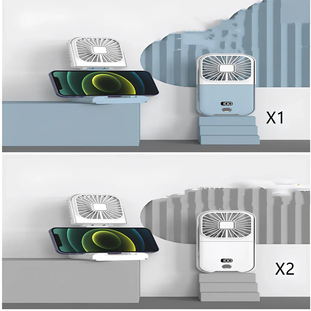 F30Pro folding portable handheld fan in white with digital display, 169x81x20mm size, USB charging, plastic blades for cooling