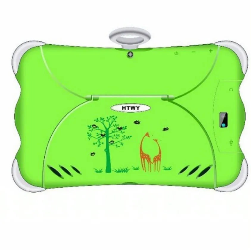 A 7-inch children's learning tablet in a cartoon colour, shown with its stand, charger, and cable.