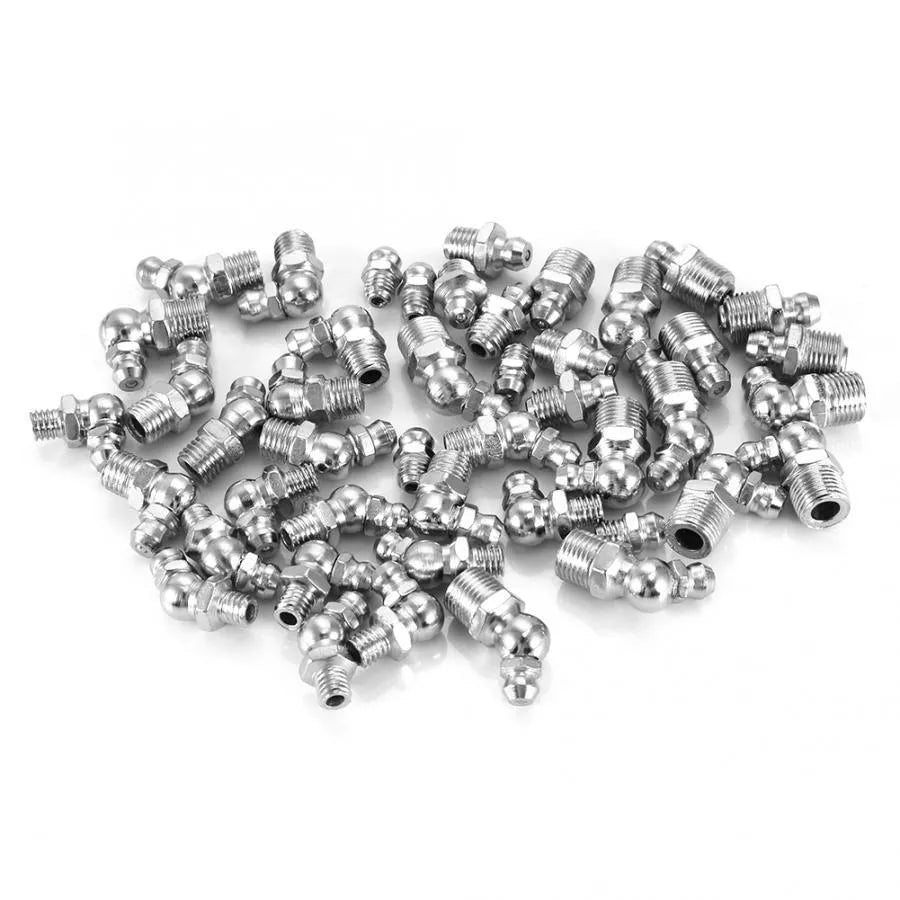 Nickel-plated iron grease nipple set with straight and curved nozzles for universal lubrication