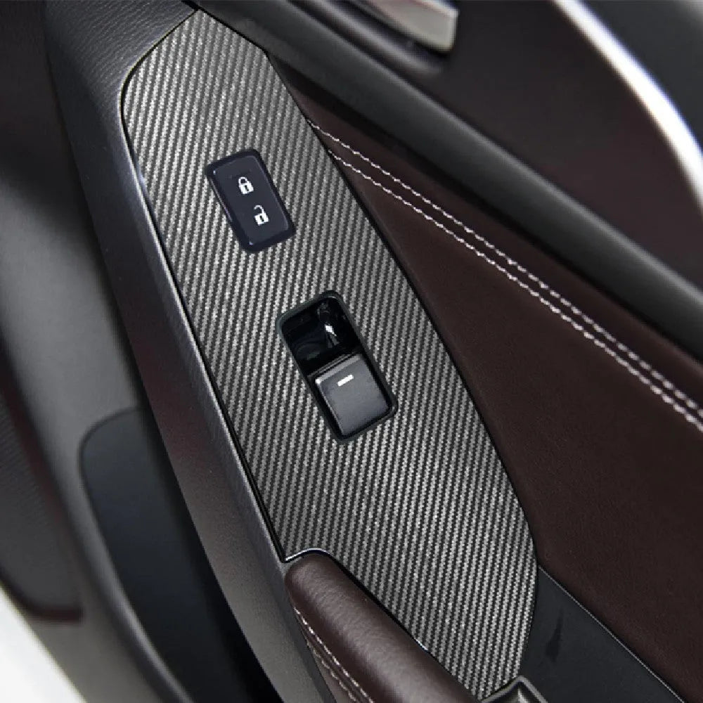 TPU protective film set for car door control panels in transparent, carbon fibre black, and matte black finishes