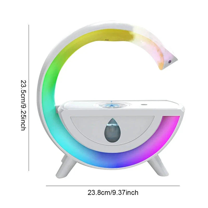 Anti-gravity air humidifier with LED lighting in white color, featuring water droplet animation and multi-color illumination