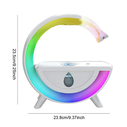 Anti-gravity air humidifier with LED lighting in white color, featuring water droplet animation and multi-color illumination