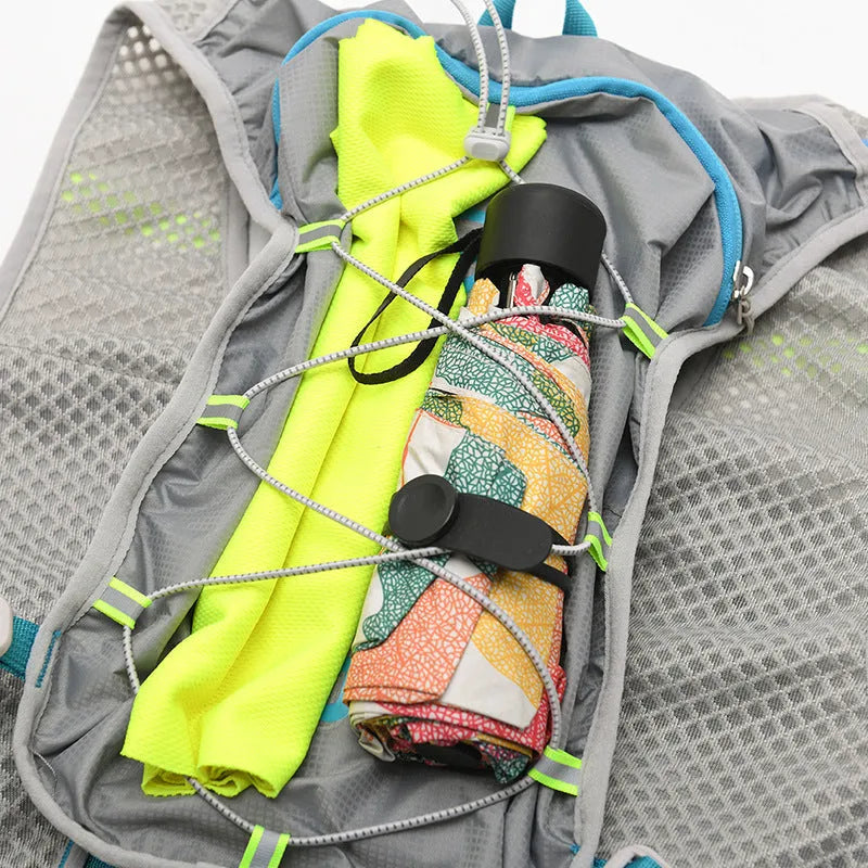 Nylon running backpack with reflective strips shown in multiple colour options.