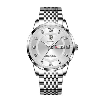 Men's Seiko quartz watch with 43mm round dial, stainless steel strap, 50m water resistance, luminous calendar, sapphire crystal glass