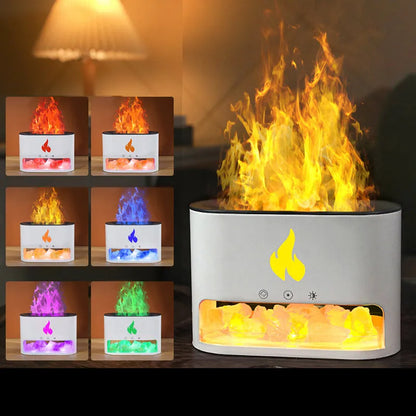 White square flame humidifier with colourful 3D light effect and crystal salt stone on a desk.