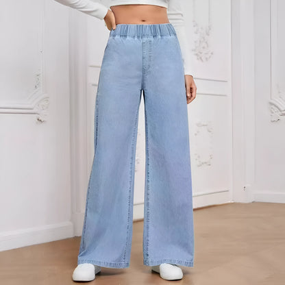 Light blue washed wide-leg denim trousers with mid waist and zip placket for plus-size youth wear