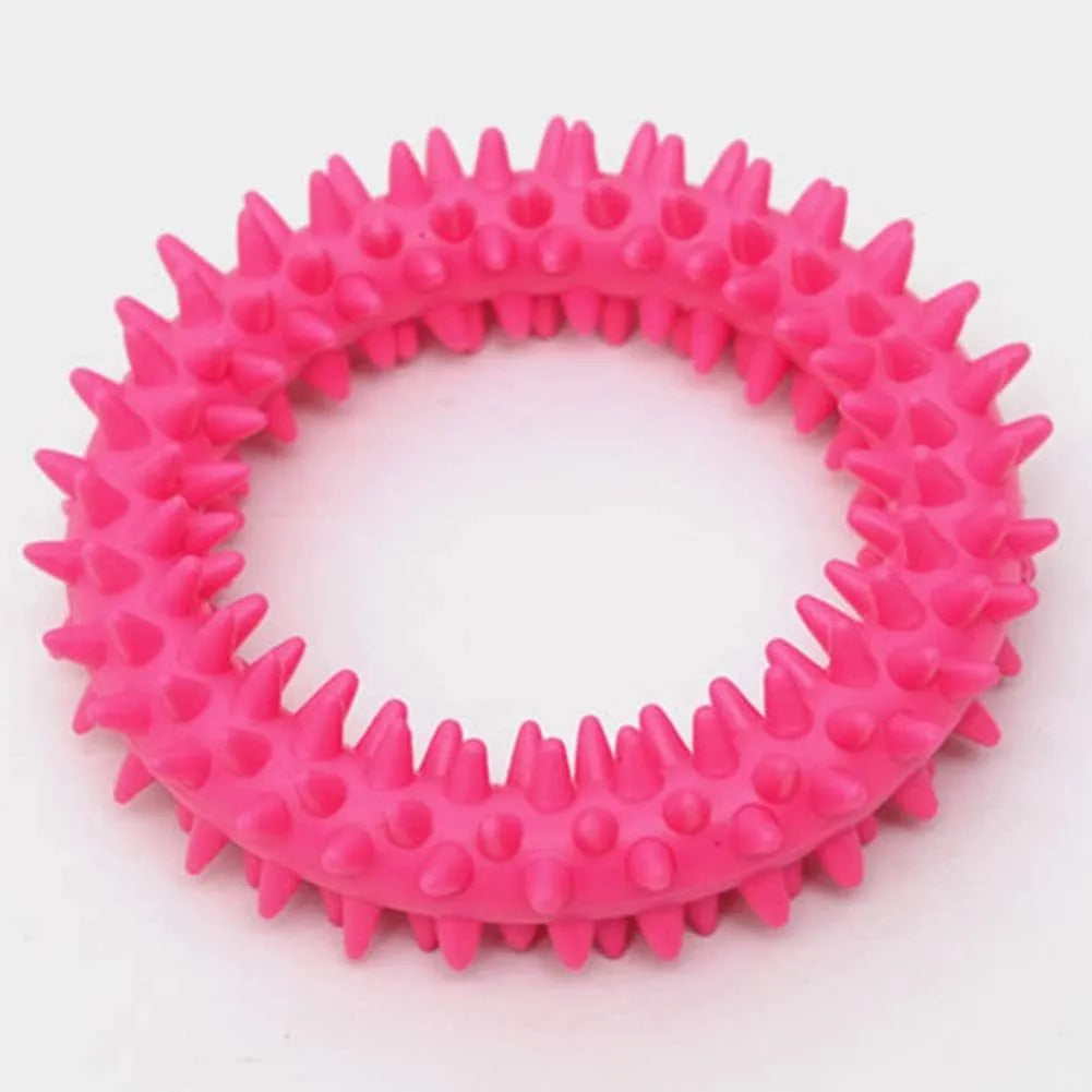 TPR spiky circle ring dog chew toy in assorted colours showing dental cleaning nubs