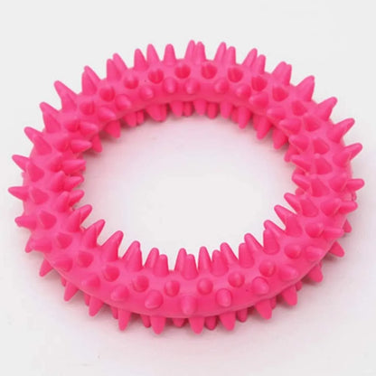 TPR spiky circle ring dog chew toy in assorted colours showing dental cleaning nubs