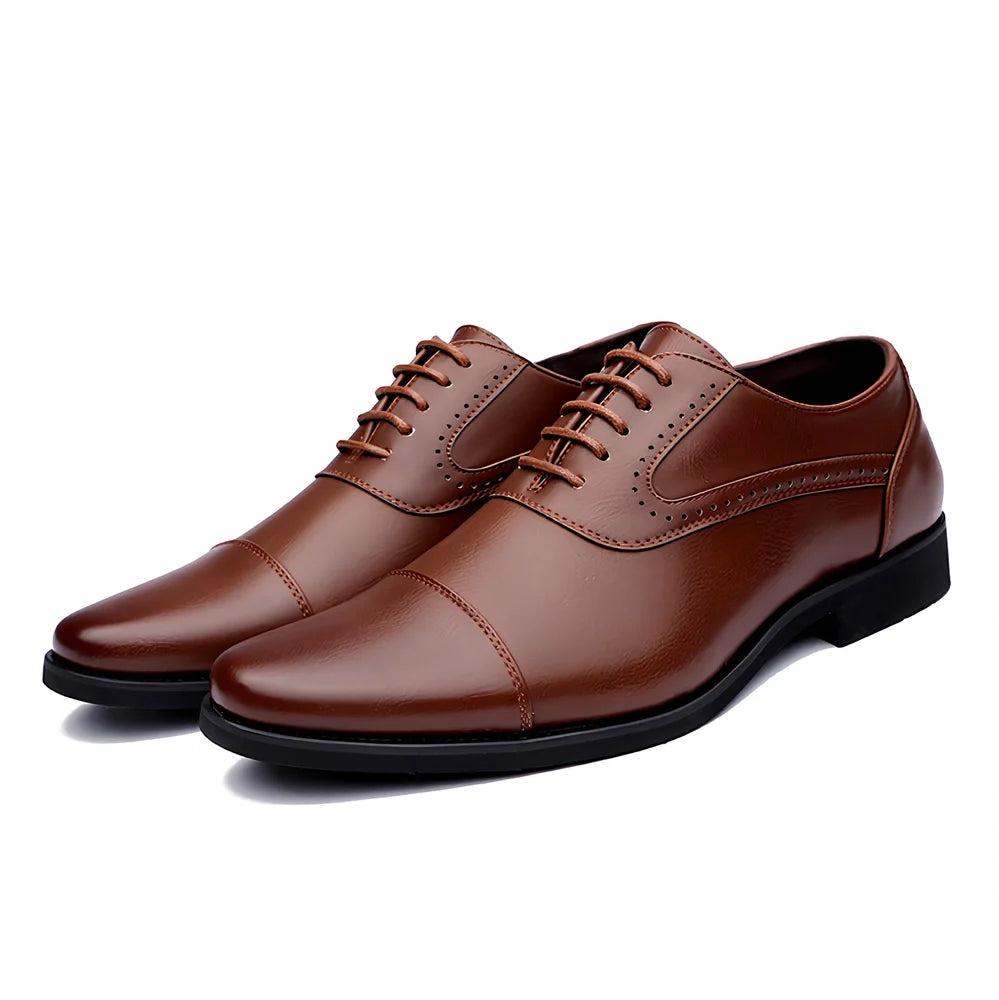 Men's black and brown casual leather shoes with sewing line detailing and rubber soles