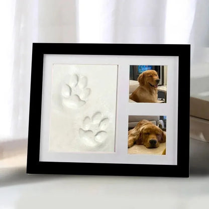 DIY pet paw print photo frame kit with moulding clay for dogs and cats, in black or white.