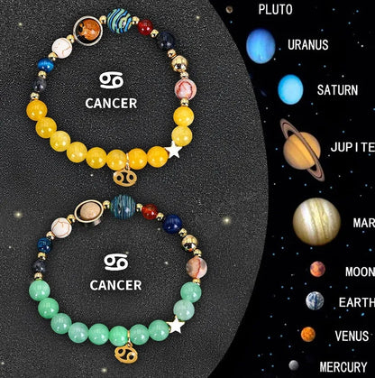 Two natural stone beaded bracelets with zodiac signs on adjustable cords, 8mm beads