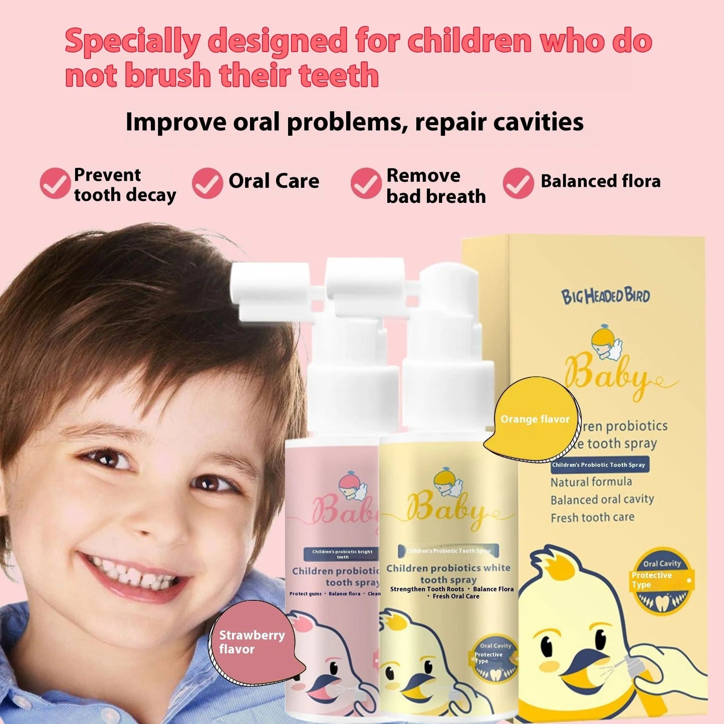 40ml bottle of children's probiotic oral spray for white teeth and cavity prevention in strawberry or orange flavour