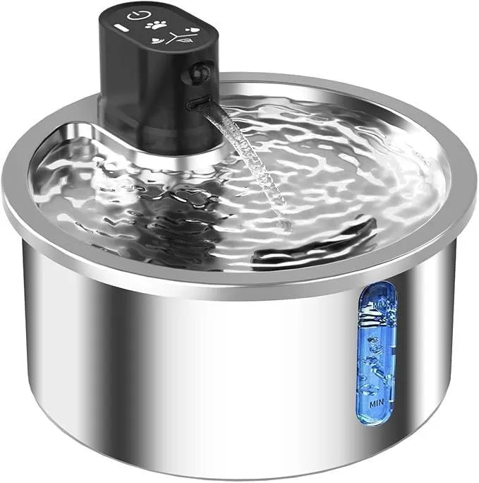 Stainless steel cat water fountain with constant temperature heating base in black or white colour options