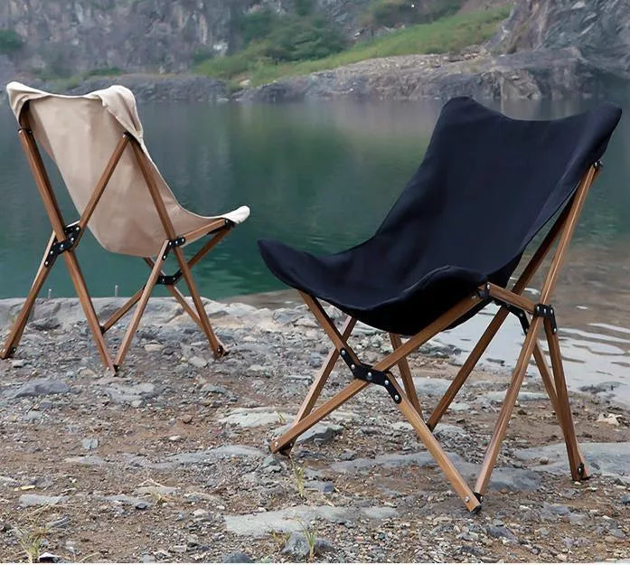 Folding Wooden Grain Aluminum Pipe Camping Chair in wood grain black and khaki