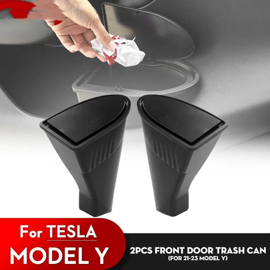 Two black ABS plastic car door storage boxes for Tesla Model Y, showing 25.5cm length and waterproof construction