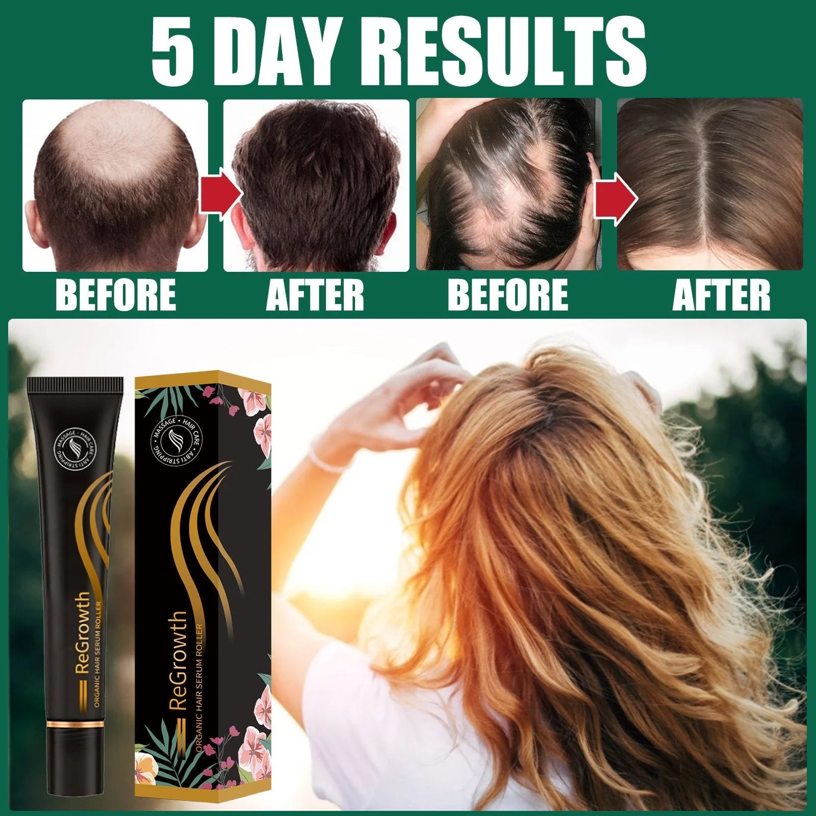 Rejuvenating Organic Hair Serum with roller applicator and natural ingredients for hair and scalp nourishment