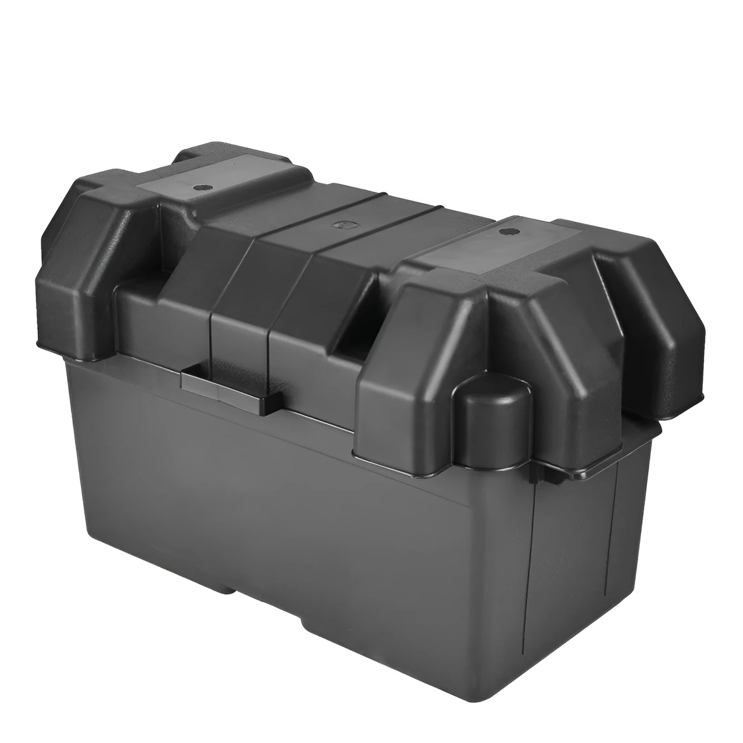 Black PP plastic battery storage box with strap and screw fixing in large and small sizes.