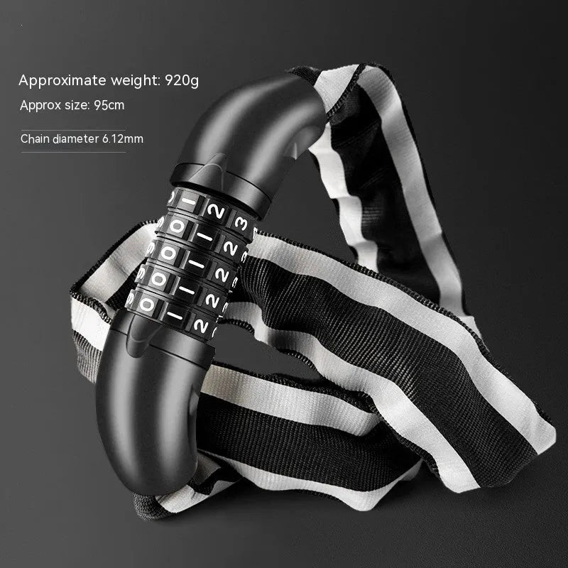 95cm black zinc alloy bicycle chain lock with anti-hydraulic shear protection shown securing a mountain bike