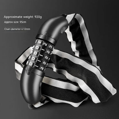 95cm black zinc alloy bicycle chain lock with anti-hydraulic shear protection shown securing a mountain bike