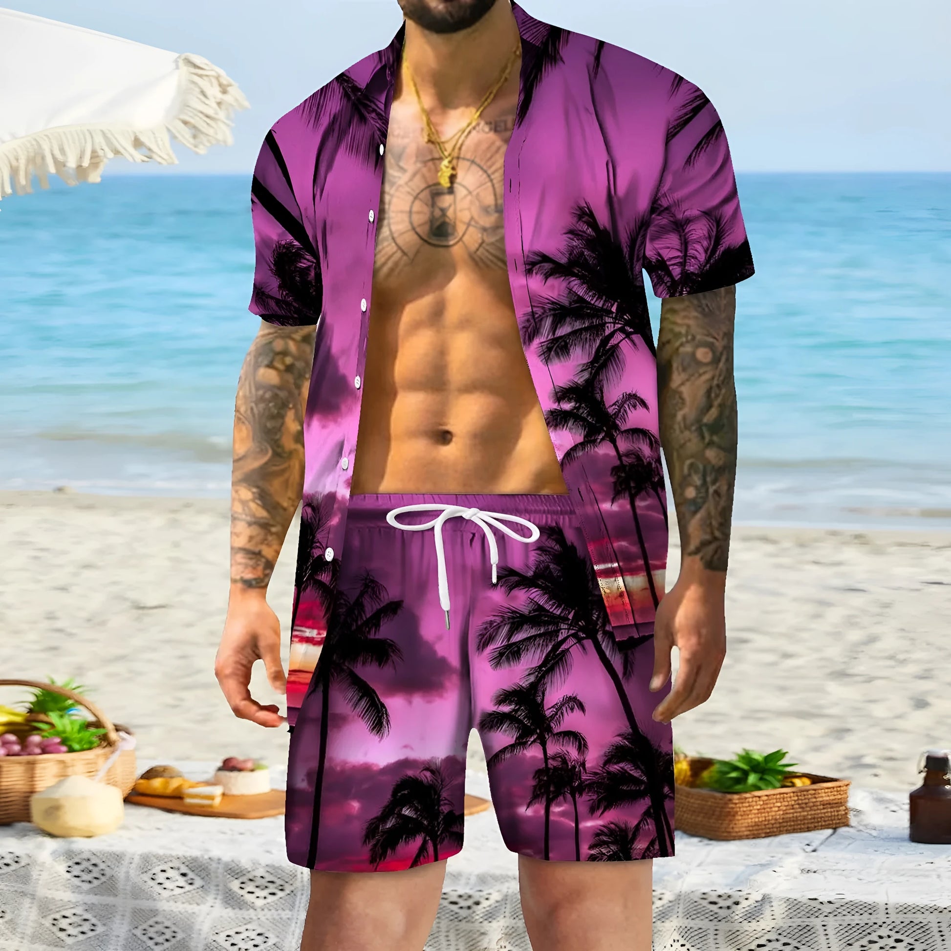 Man wearing a digitally printed short sleeve casual suit set with matching trousers.