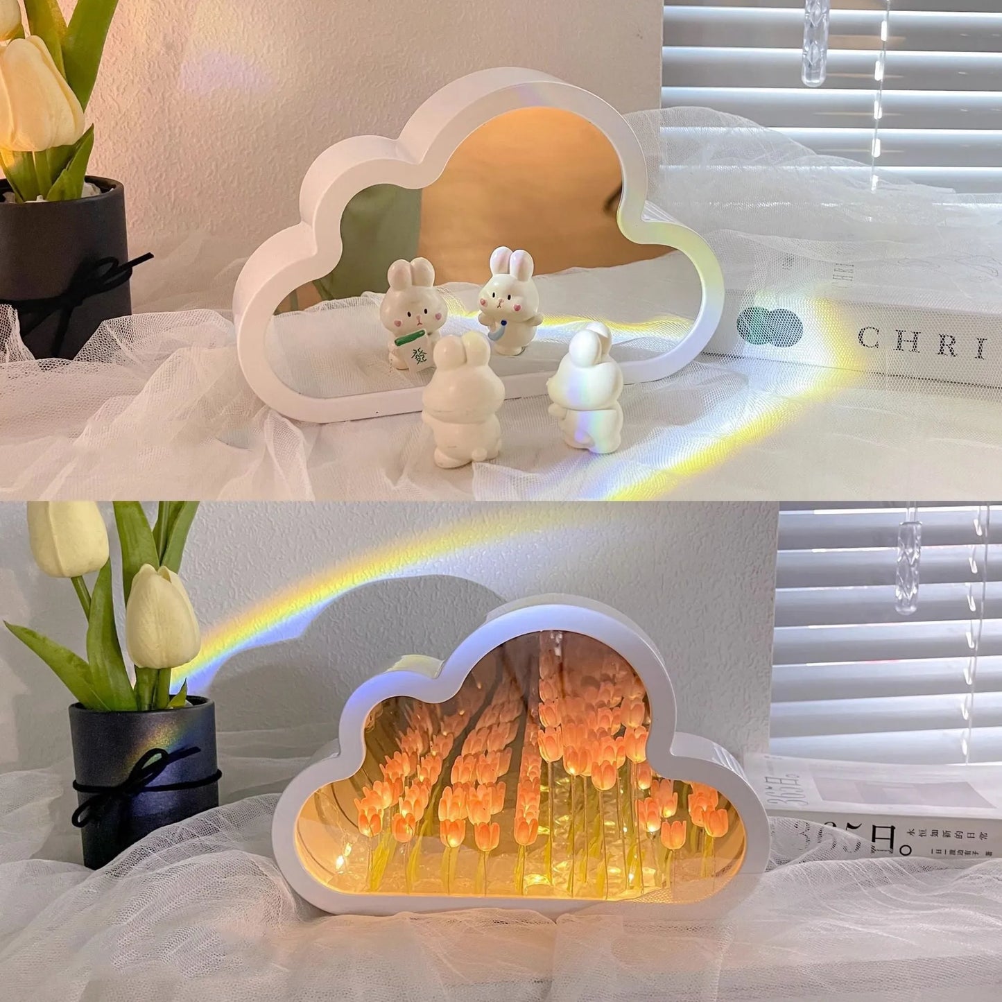 DIY tulip-shaped night lamp kit with LED lights and mirror surface in assorted colours on a desk.