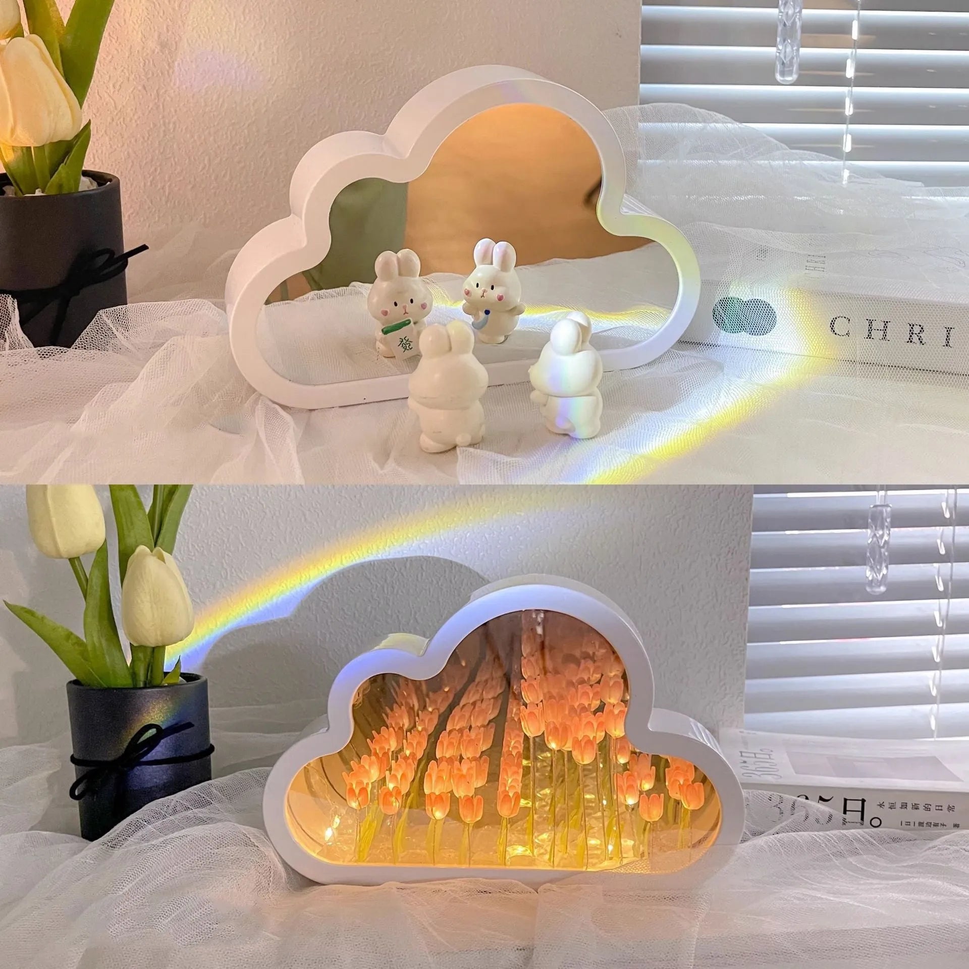 DIY tulip-shaped night lamp kit with LED lights and mirror surface in assorted colours on a desk.