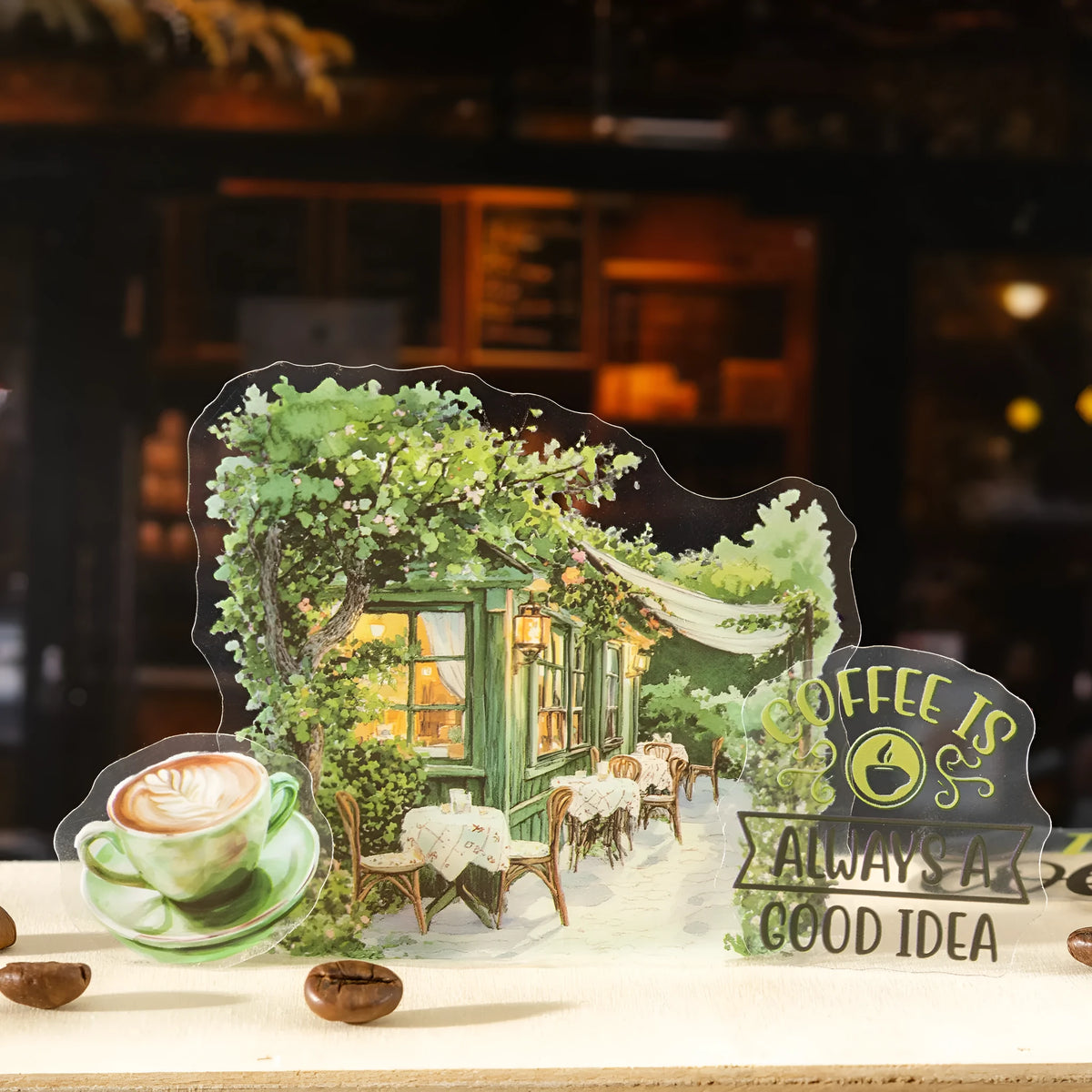 Cafe series retro hand account sticker package with Mori Night Cafe, Green Cafe, and other cafe styles in 25 or 75 sticker packs