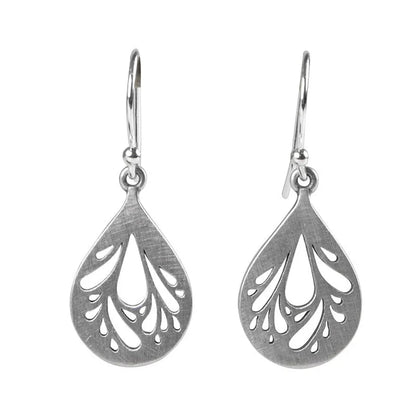 Retro hollow water drop shaped earrings in 925 silver with a textured grinding finish.