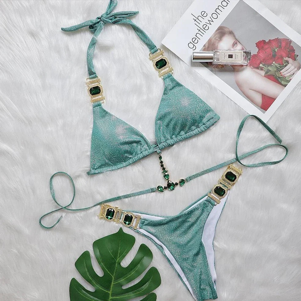 Halter bikini set with adjustable ties and metallic glitter finish in silver, blue, gold, or green