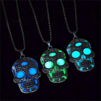 Glowing Halloween skull necklace with intricate Day of the Dead lotus pattern and vibrant color options