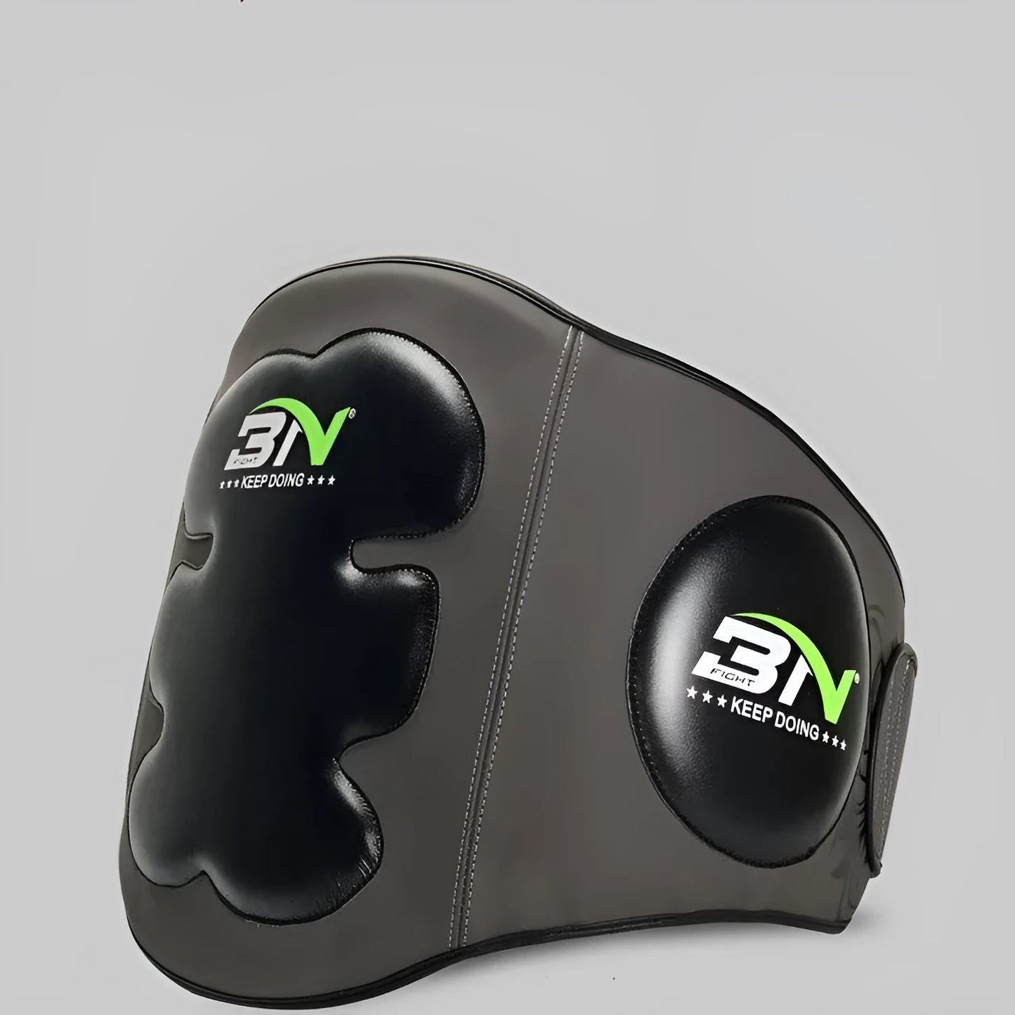 Dark grey Sanda boxing chest protection target with adjustable waist strap for martial arts training.