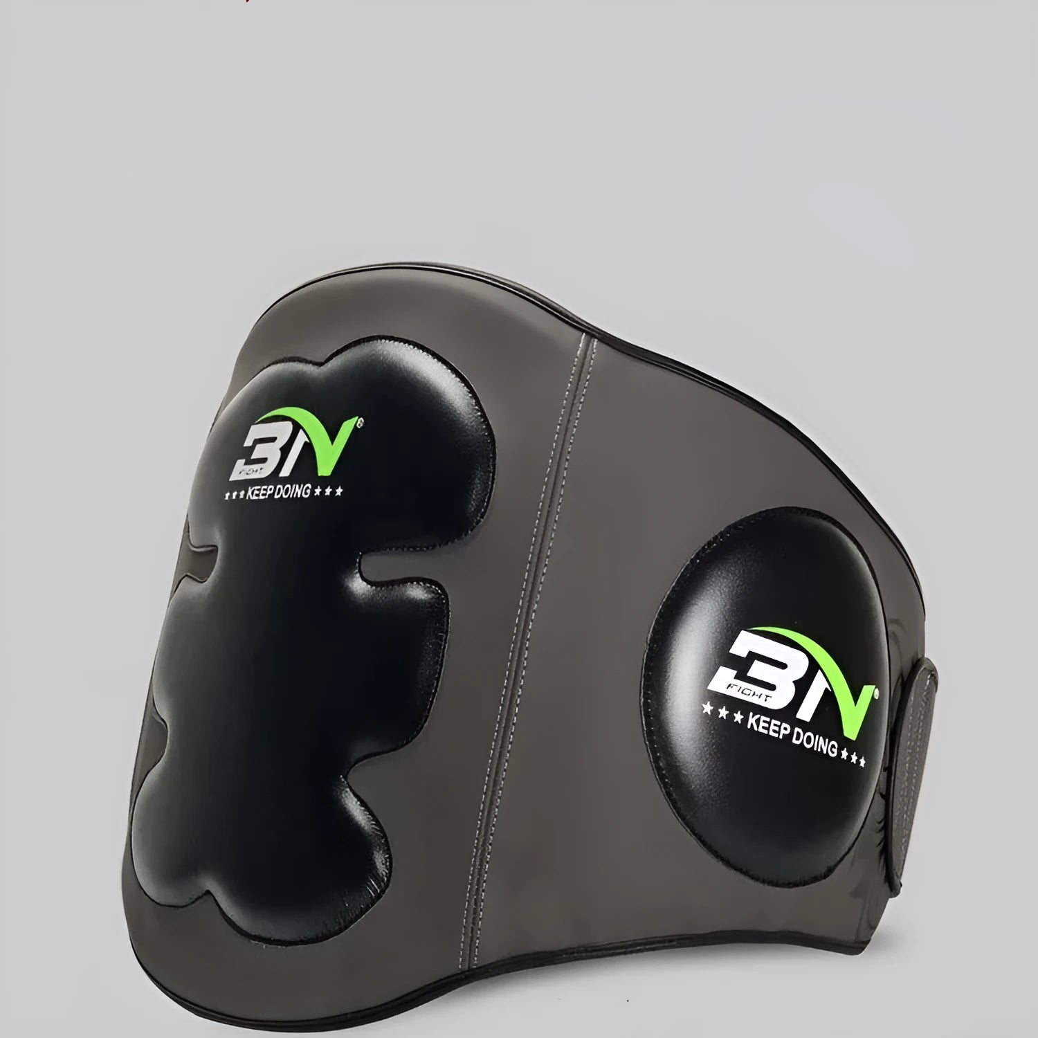 Dark grey Sanda boxing chest protection target with adjustable waist strap for martial arts training.