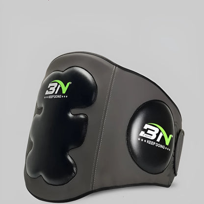 Dark grey Sanda boxing chest protection target with adjustable waist strap for martial arts training.