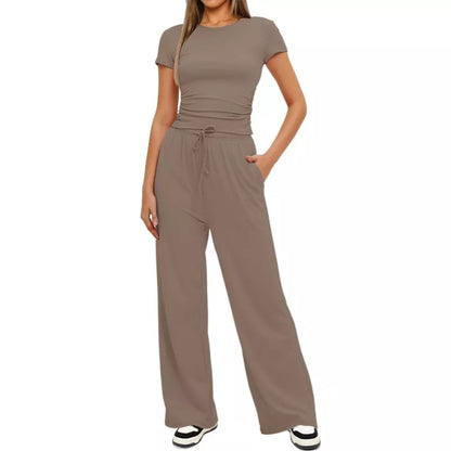 Women's 2-piece solid color yoga set with short-sleeve top and high-waisted pants
