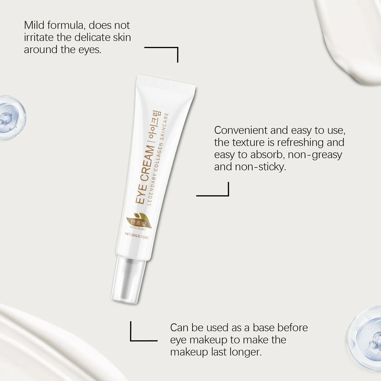 20g container of collagen and hyaluronic acid eye cream for the eye area.