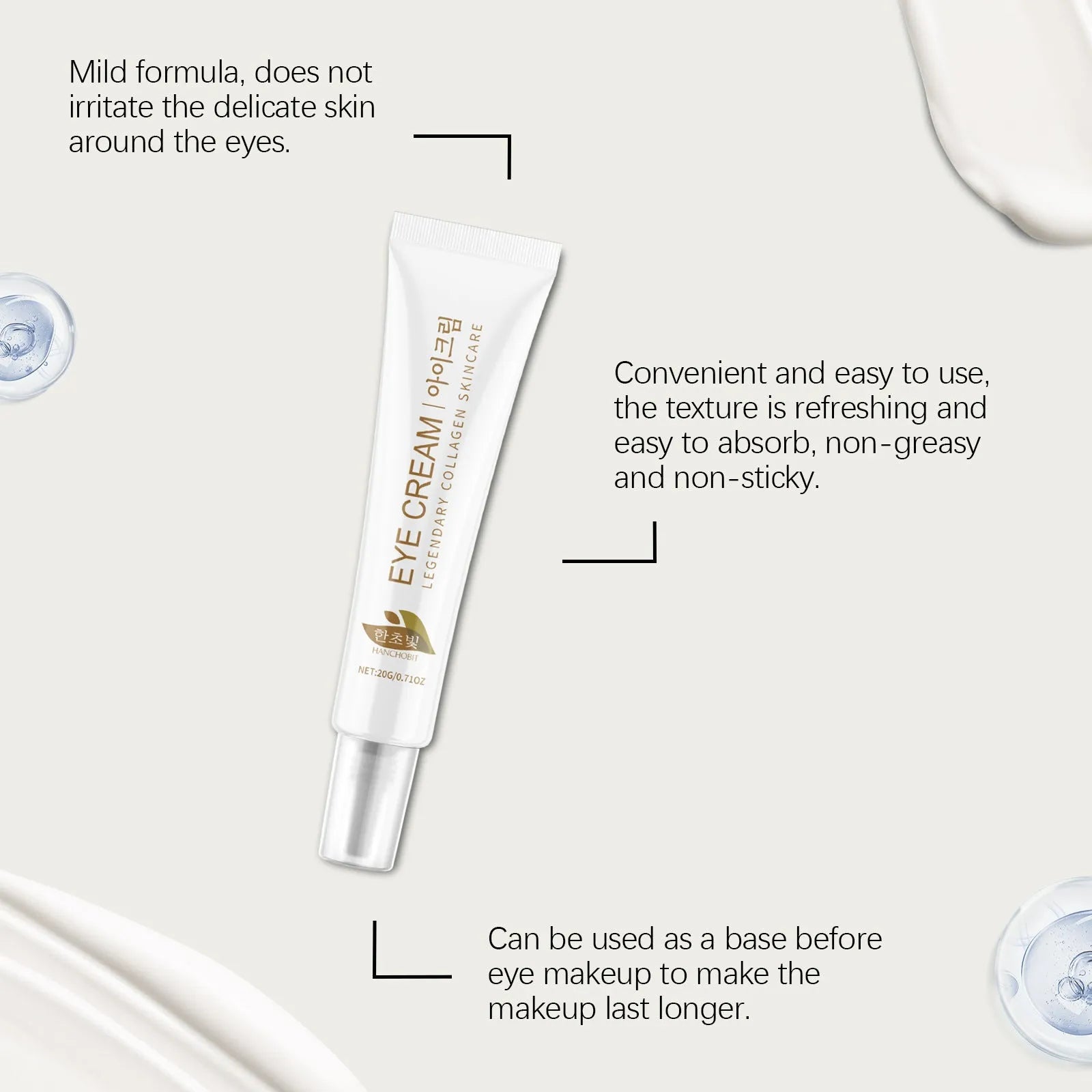 20g container of collagen and hyaluronic acid eye cream for the eye area.