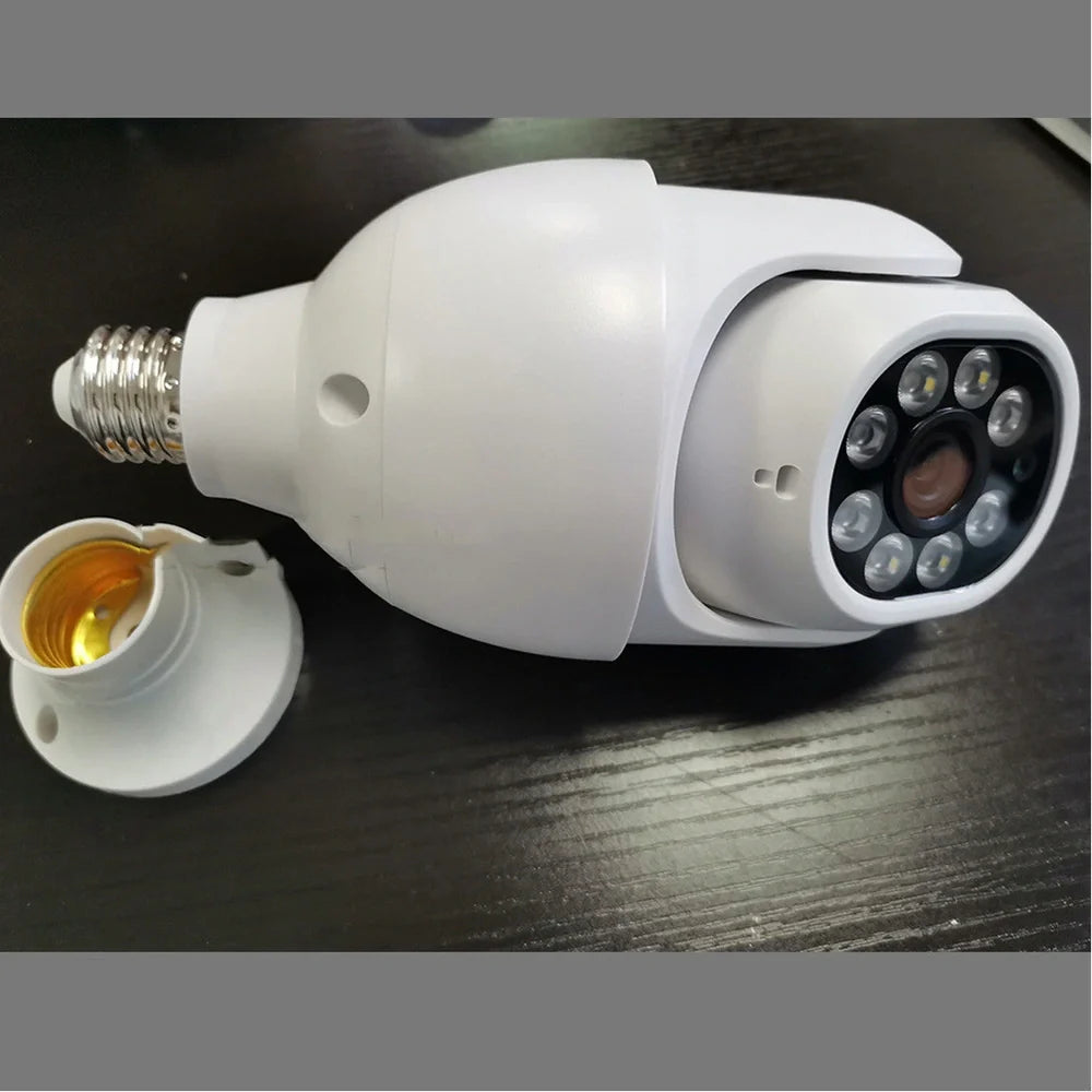 White wireless WIFI security camera with pan-tilt base showing 1080P HD resolution and 0.1 lux low-light capability