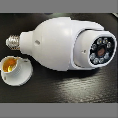White wireless WIFI security camera with pan-tilt base showing 1080P HD resolution and 0.1 lux low-light capability