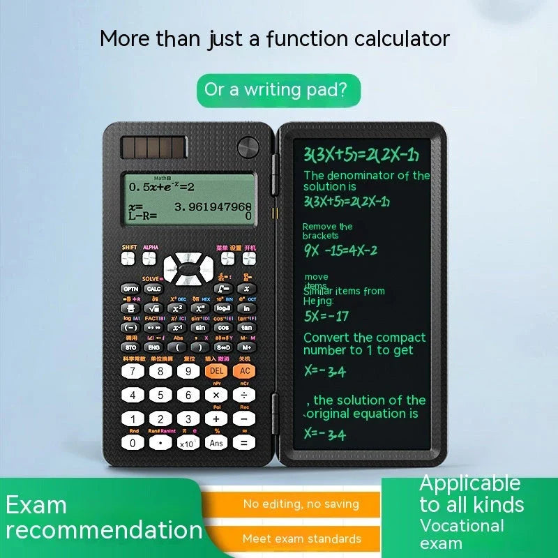Ergonomic 2-in-1 scientific calculator with foldable writing pad, blue LCD screen, and compact design