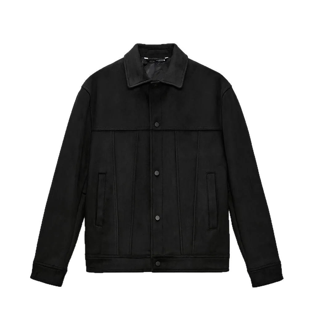 Black men's hooded jacket with a suede collar and side seam pockets.