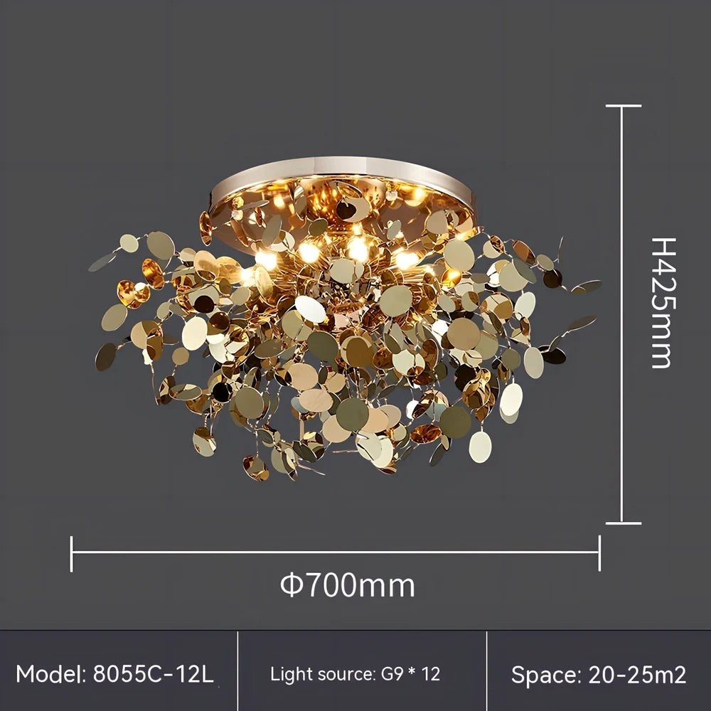 Stainless steel chandelier with eight G9 bulbs measuring 45cm height with tree blade design