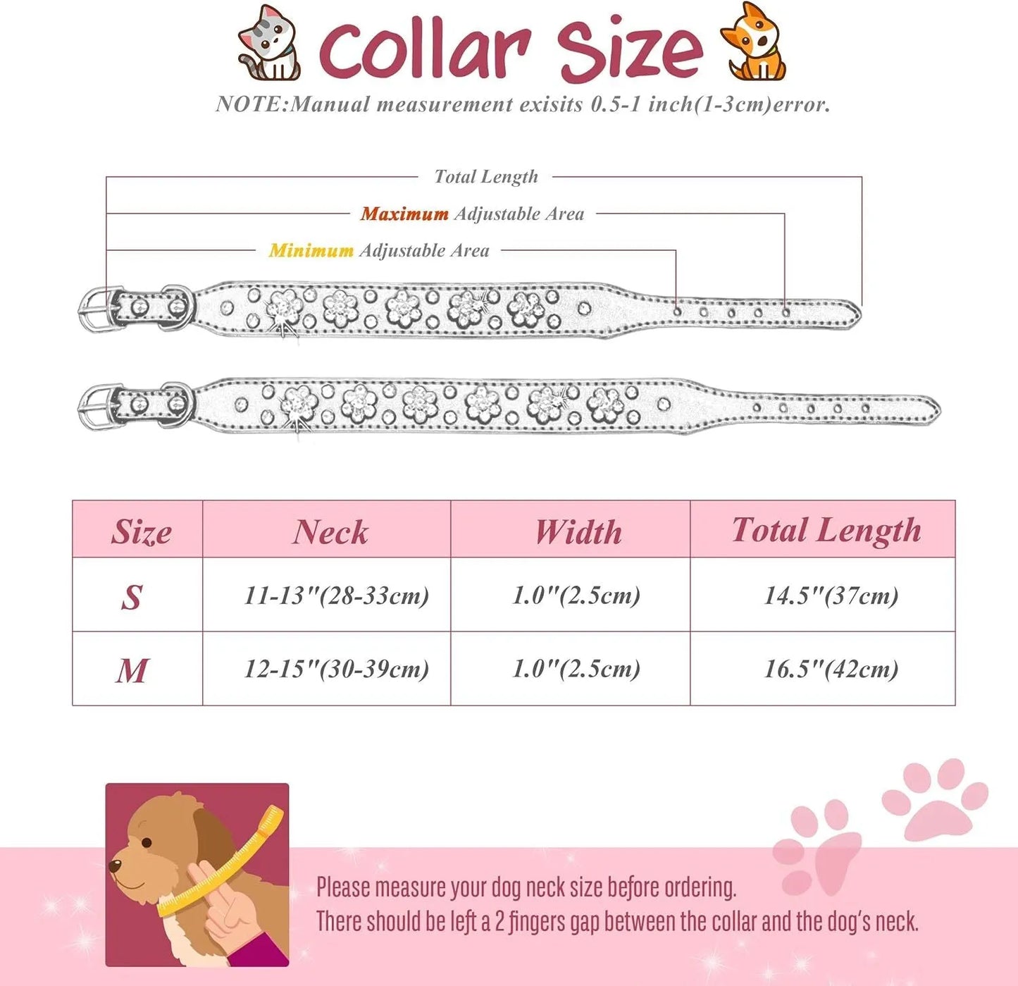 PU leather dog collar with rhinestone flower pattern and metal studs, adjustable for small and medium dogs