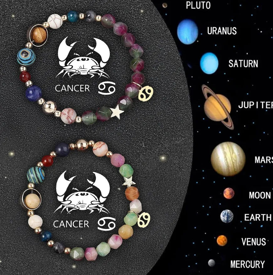 Two natural stone beaded bracelets with zodiac sign charms on adjustable knotted cords
